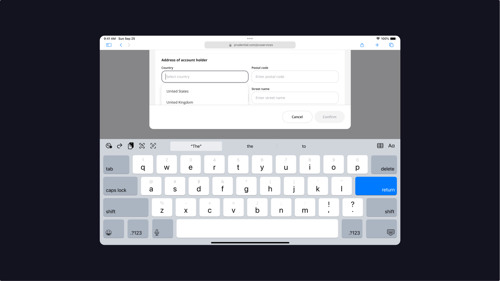 Tablet form template with the on-screen keyboard