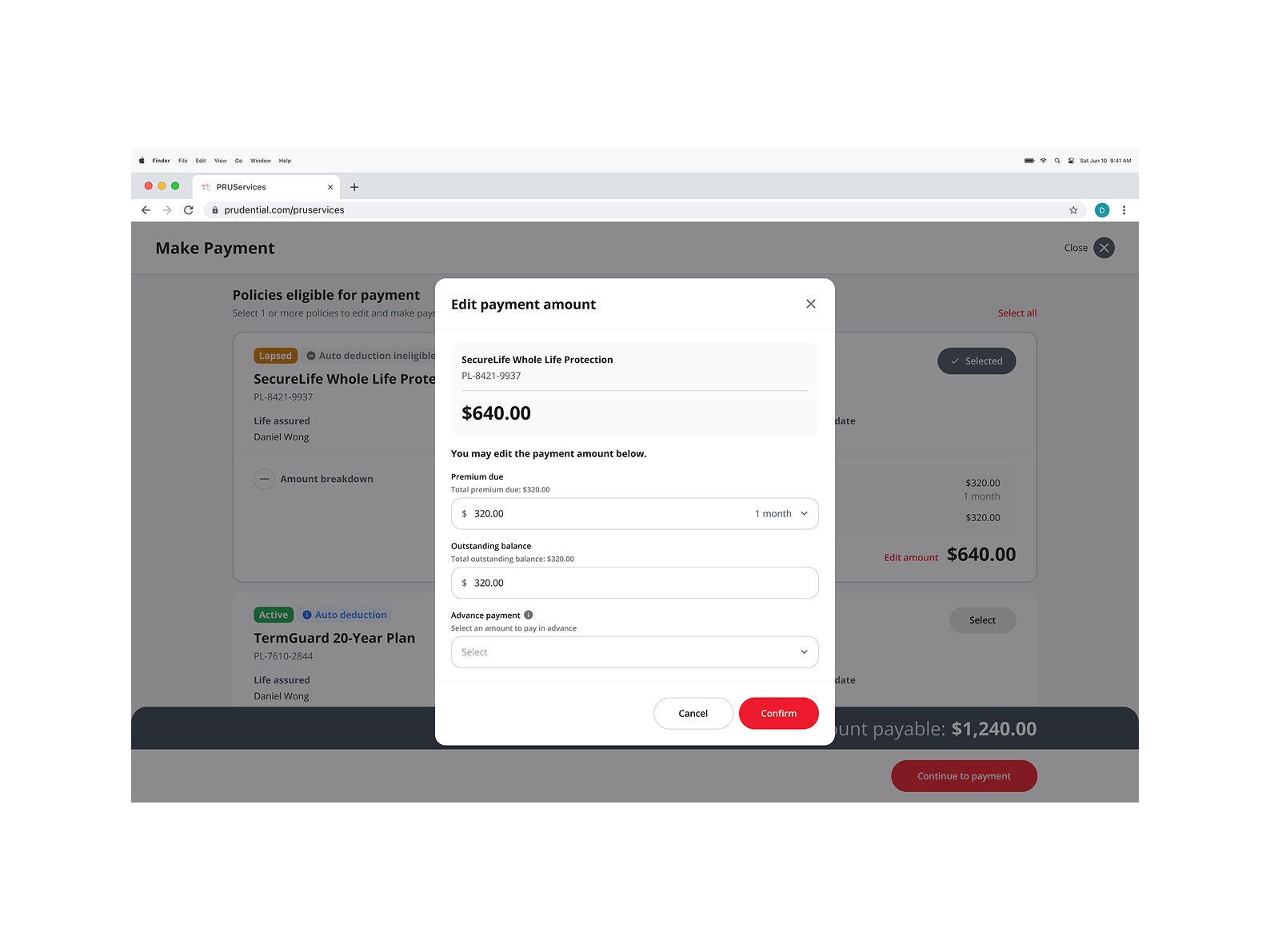 Payment amount editing modal
