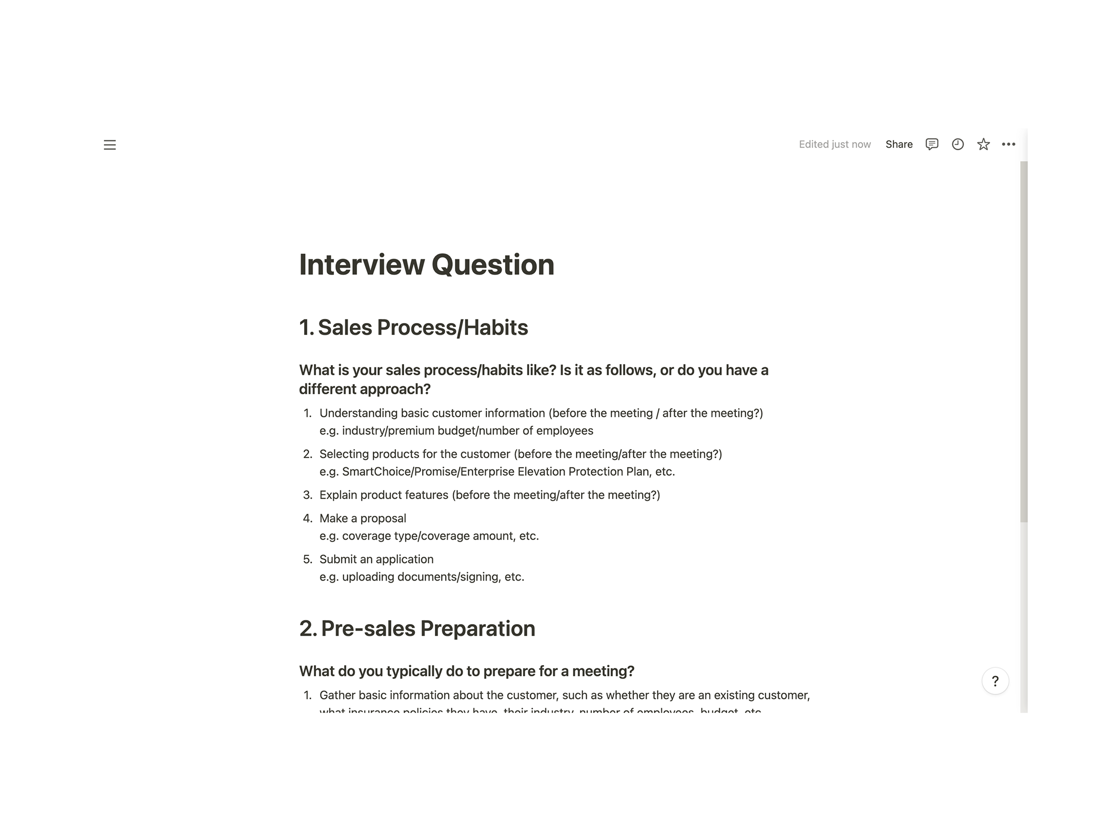 Interview questions used with AIA agents