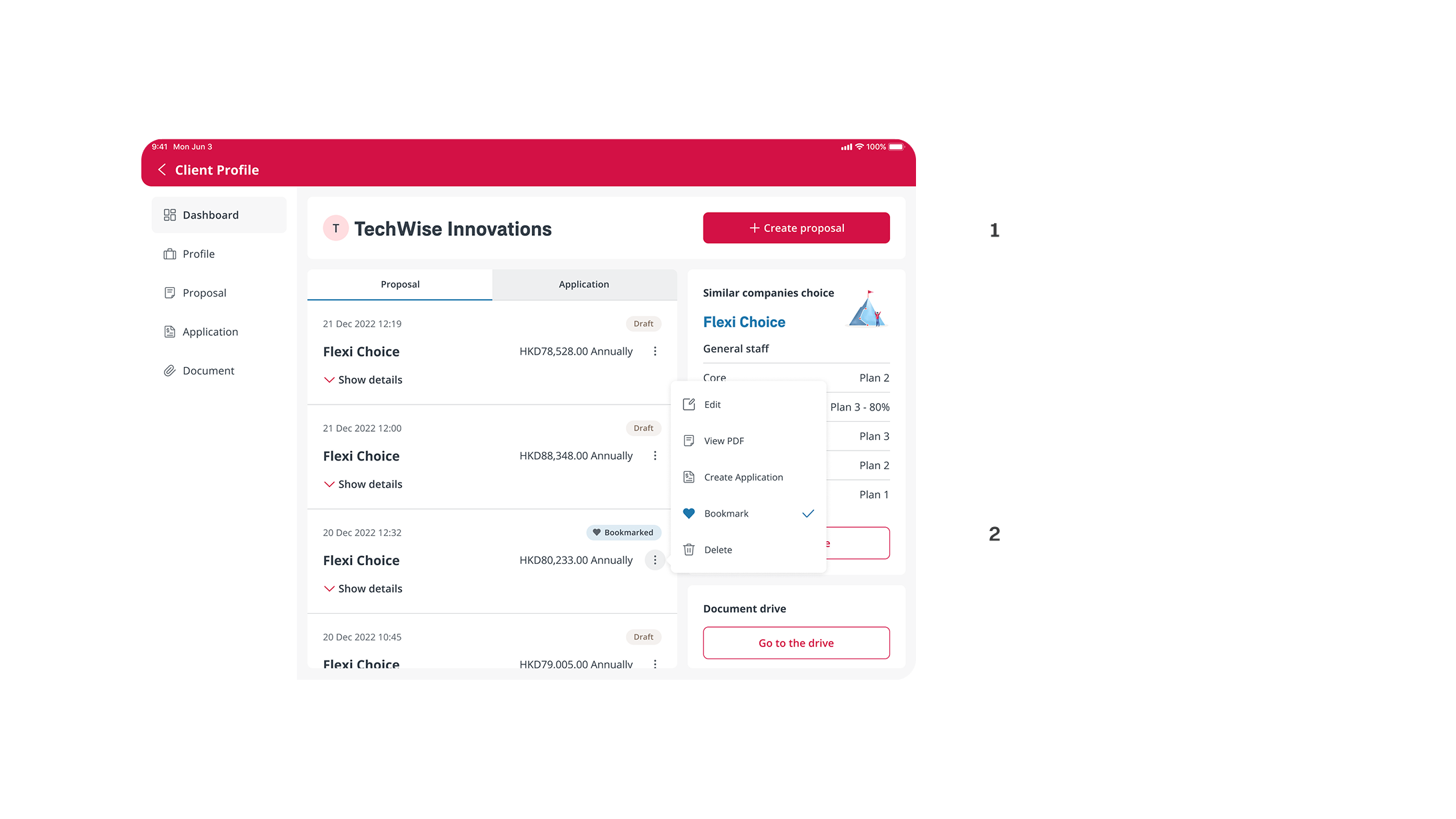 Proposal management screen with draft and bookmarked proposal tags