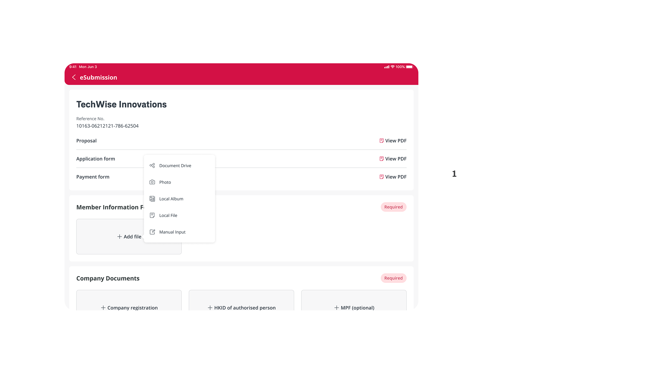 Application submission screen with flexible document upload options