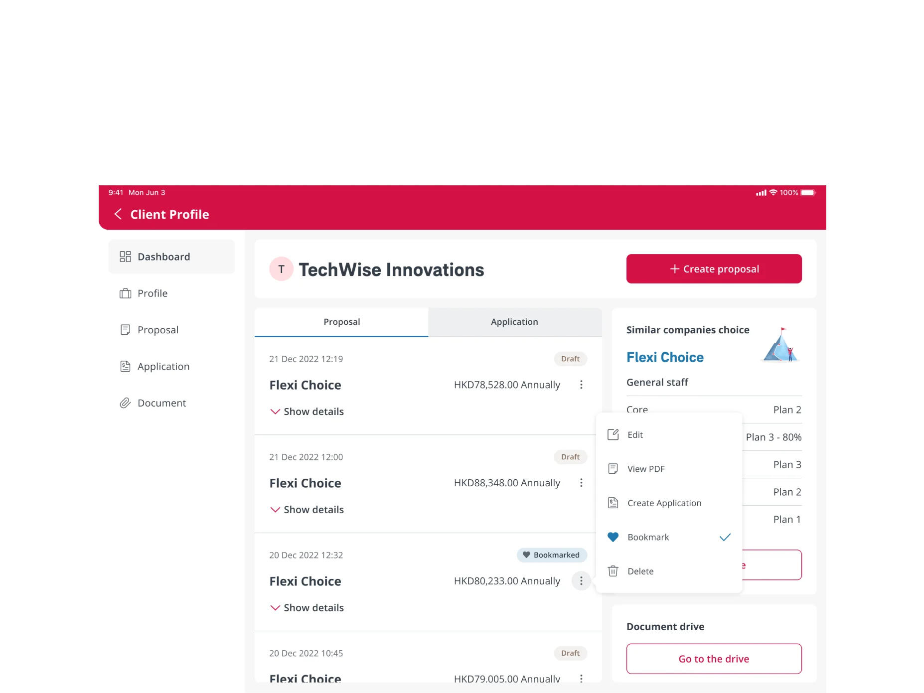Proposal management screen with draft and bookmarked proposal tags