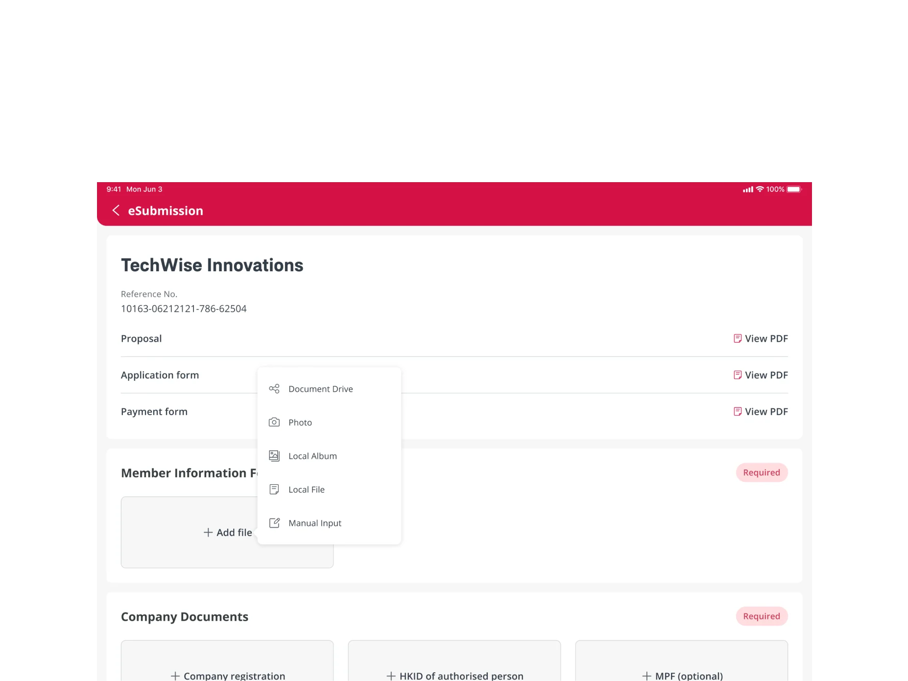 Application submission screen with flexible document upload options