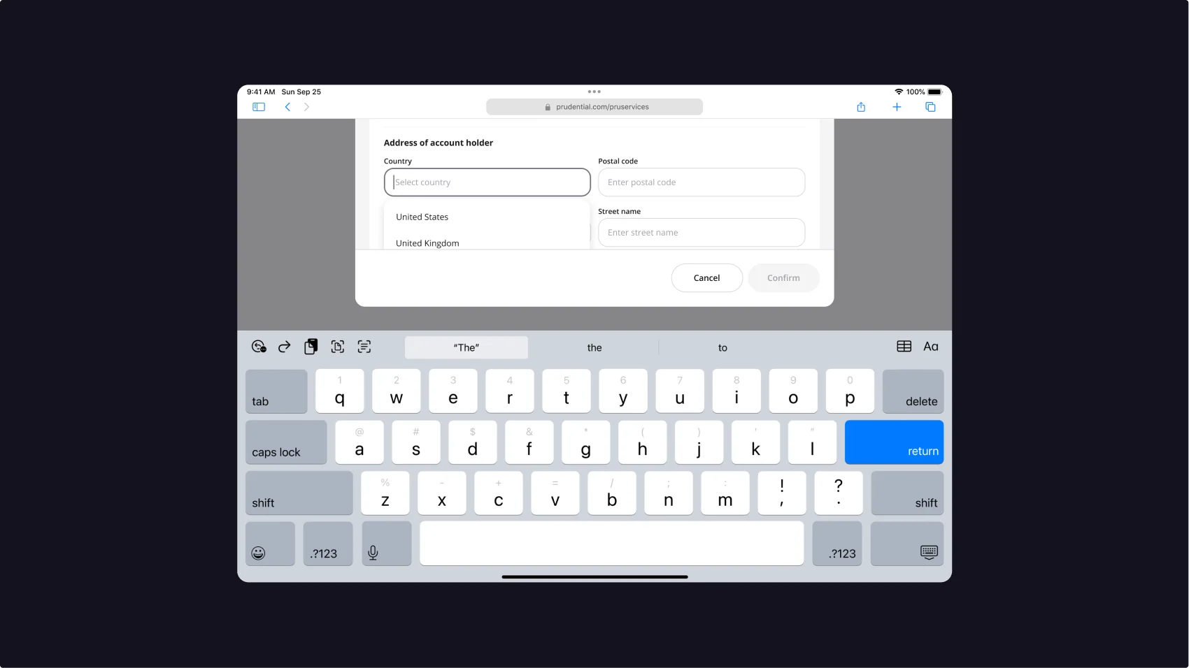 Tablet form template with the on-screen keyboard