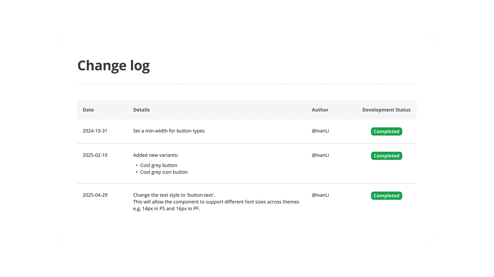 Design system change log