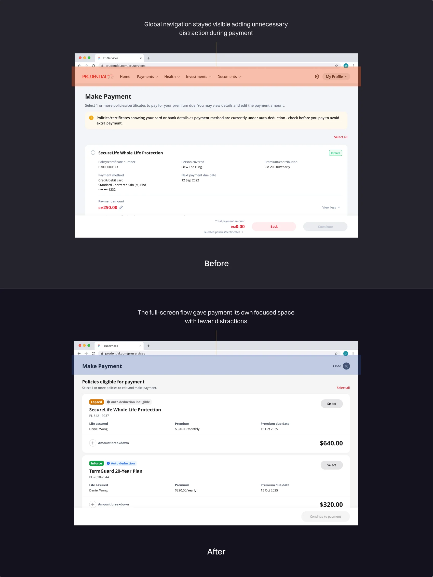 Before and after comparison of the focused payment flow
