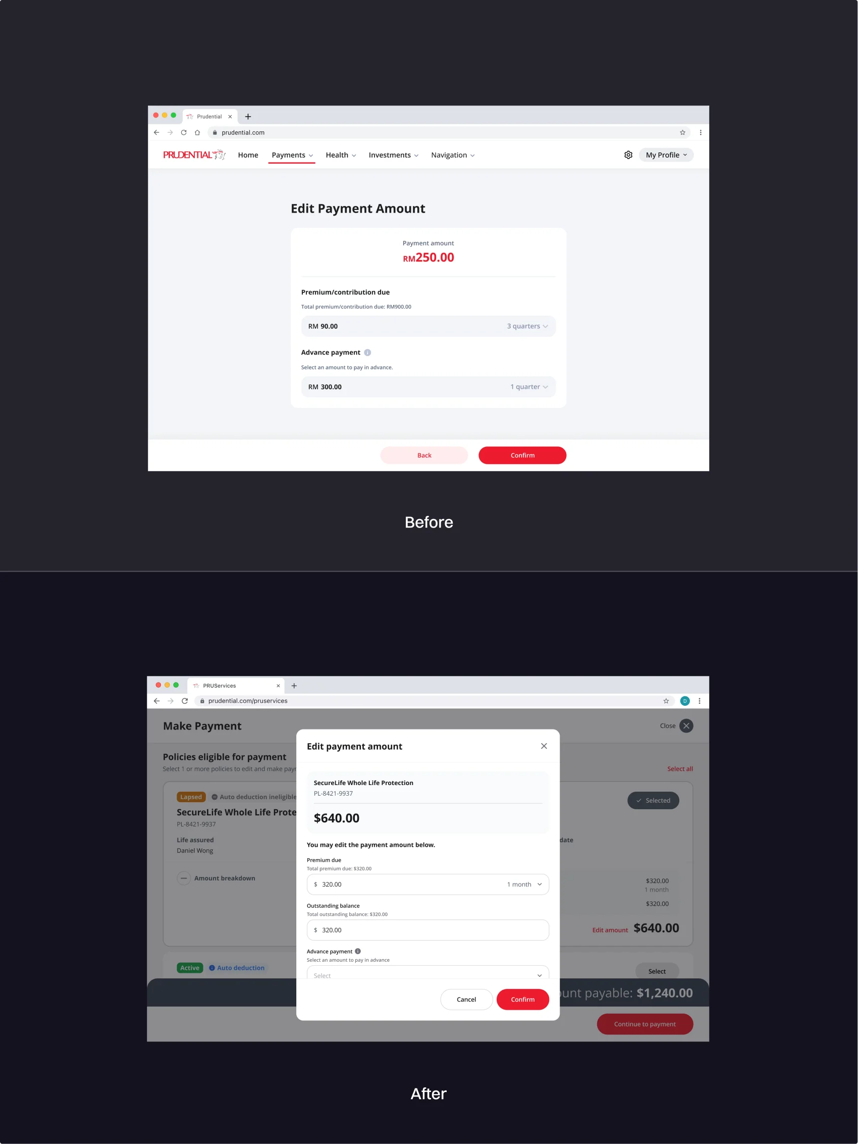 Before and after comparison of the payment amount editing experience
